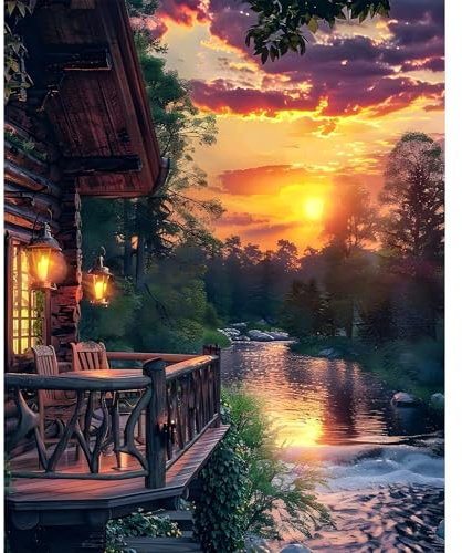 Paint by Numbers for Adults - Riverside Cabin DIY Canvas Kit, 16x20 Inch | Acrylic Paint Canvas Set, Easy for Beginners, Relaxing DIY Art Craft Gift for Adults, Home Wall Decor, Without Frame