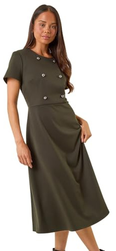 Roman Petite Button Stretch Midi Dress for Women UK - Ladies Everyday Autumn Winter Round Neckline Comfy Soft Evening Vacation Work Party Night Out - Petite Khaki - Size 12