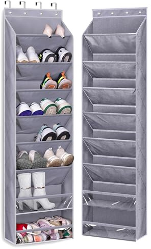 MISSLO Schuhregal Tür Hängend, Große Hängeorganizer mit 8-Regale, Schmaler Schuh Organizer mit Tiefen Taschen Schuhaufbewahrung Hängend Schuhhalter Aufhänger fit 20-Paar Sneaker, Stiefel, Grau