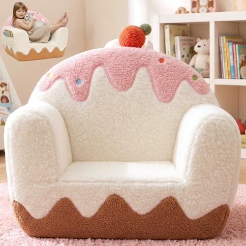 OUOZZZ Toddler Chair for Ages 1–6, Soft Sherpa Kids Sofa with Book Pocket & Carry Handle, Cozy Single-Seat Couch for Playroom or Bedroom, Birthday Gift for Girls (Ice Cream)