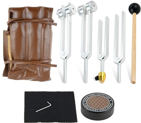 4 Pcs Tuning Fork Set (128Hz, 136.1Hz, 256Hz, 384Hz), Weighted & Unweighted Tuning Fork Set with Hockey Puck Activator & Feet & Vegan Leather Pouch for Meditation Energy Work Yoga