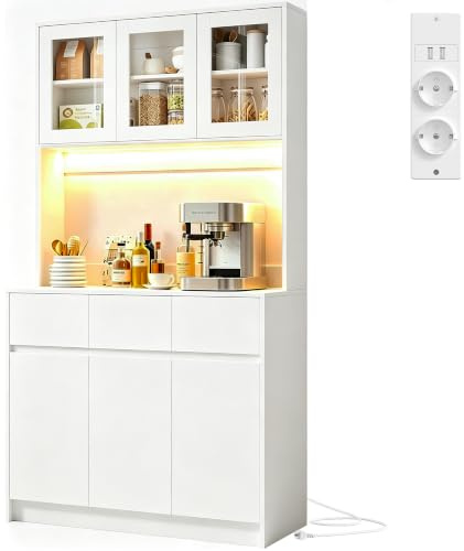 Wumagin Küchenschrank Buffetschrank mit L-E-D Sideboard für Küche mit Ladestation,Hochschrank mit Arbeitsplatte und 3 Schubladen Küchenbuffet mit Verstellbares Regal für Esszimmer