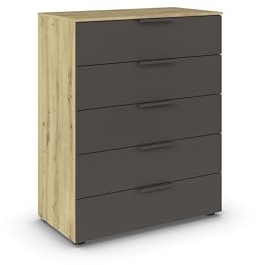 Rauch Möbel Flipp, Kommode, Farbe Graphit/Eiche Artisan, Breite 80 cm | Sideboard, 5 Schubladen, Soft-Close-Funktion, für Schlafzimmer, Gästezimmer, Wohnzimmer, Garderobe, Flur