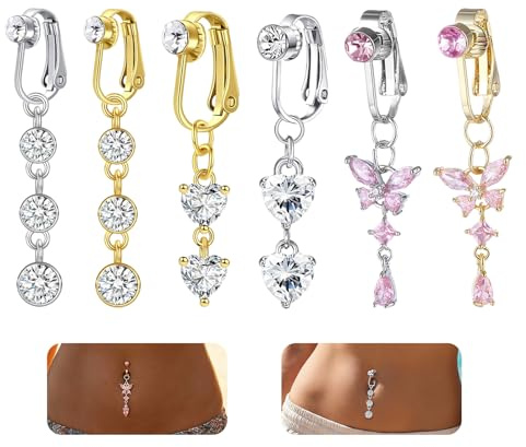 MENUY 6 Stück Fake Bauchnabelpiercing, Silber und Gold Fake Bauchnabel Piercing, Bauchnabelpiercing Hängend mit Schmetterling Herz Kristallkugel Anhänger, Chirurgenstahl Belly Piercing