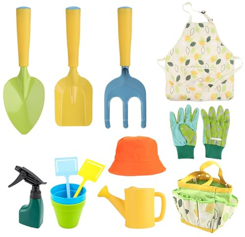 Gartenset für Kinder, 11-teiliges Gartenset für Kleinkinder, einschließlich Schaufel, Rechen, Gießkanne, Handschuhe, Schürze, Hut, Blumentopf und Tragetasche, Kinderwerkzeuge für Jungen und Mädchen