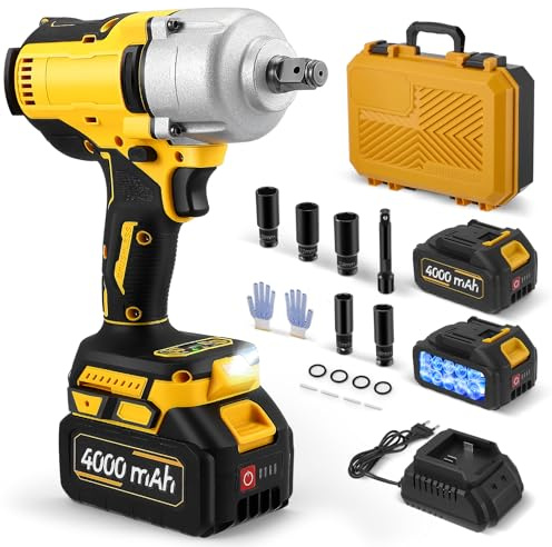 GJCrafts Atornillador de impacto inalámbrico 800 Nm – 21 V sin escobillas atornillador de impacto con 3 velocidades, 2 baterías de 4,0 Ah y cargador rápido, luz LED, 5 llaves de vaso y accesorios