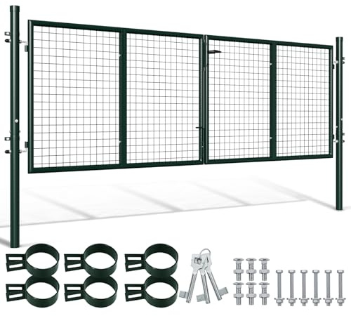 Peviasot Doppelflügeltore, 300x100cm Metall Gartentor, Gartenzaun Zaun inkl. Griff, Schloss und 3 Schlüsseln, Robust Gartentür für Zauntür, Hoftor, Zauntor, Grün