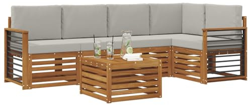 vidaXL Sofagarnituren 6 pcs Natürlich und Hellgrau Massivholz Akazie, Moderner Outdoor-Sofa, strapazierfähiges Möbel für Garten, Bequeme Lounge-Sitzgruppe für die Terrasse