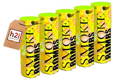 h2i Rauch Vulkan Fontäne - Smoke Tube Rauchfackel Rauchtopf Rauchgenerator Rauchbombe - 5 Stück Rauchfarbe Gelb - dichter kräftiger Rauch - Brenndauer ca. 45 sek - Ganzjahresfeuerwerk Kat T1/F1