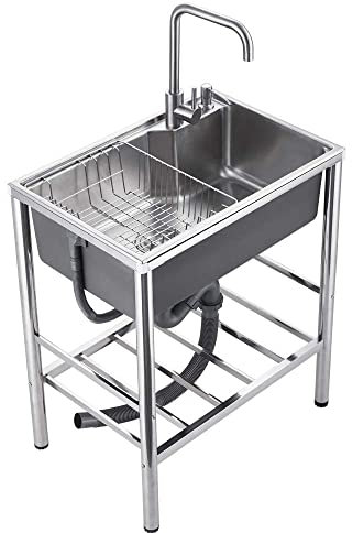HomeLava Mobiles Spültisch Edelstahl Spülbecken Einzelspüle Spüle Campingküche 1 Becken 58 x 43 x 80 cm Spülschrank Waschtisch Ausgussbecken Waschbecken Werkstatt Spüle