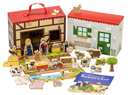 yoamo Bauernhof Adventskalender für Kinder mit 24 Holzfiguren, hochwertigem Spielkoffer und weihnachtlicher Tier-Geschichte, mehrfarbig, 27-teilig (1 Set)