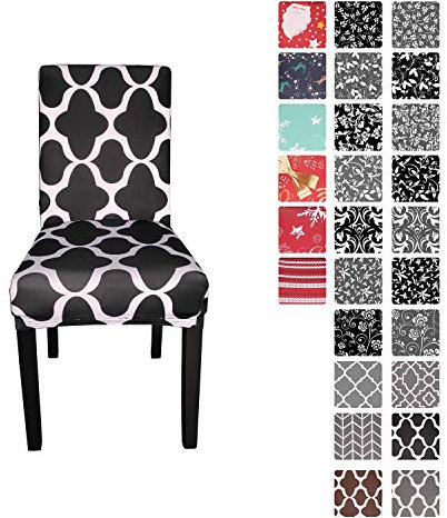 Printed High-Back Chair Covers for Dining Room Chairs – Spandex Stretch, Universal Armless Chair Protective Slipcover for Kitchen, Wedding, Party, Banquet & Hotel, Trellis Design - Black, Pack of 6