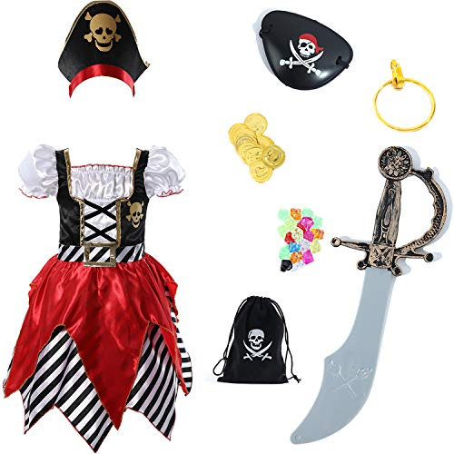 Sincere Party Mädchen Deluxe Piraten Prinzessin Kleid mit Hut, Schwert, Eye-Patch und Piraten Münztasche 3-4 Jahre