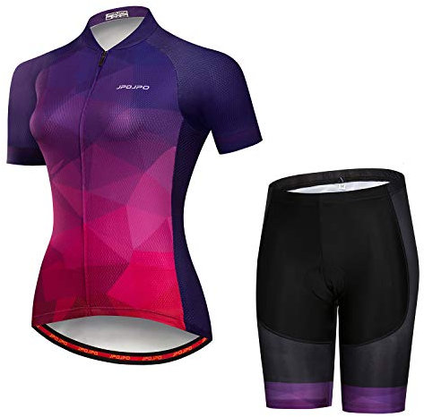 Radtrikot-Set für Damen, kurzärmelig + 5D-gepolsterte Fahrradhose, schnelltrocknend, reflektierend, 3 Taschen, S-3XL, Jp2005, 38