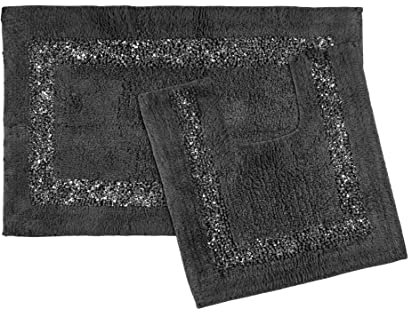 Diamante Sparkle 100% Cotton Heavyweight 2 Piece Bath Mat & Pedestal Bathroom Toilet Set in Charcoal
