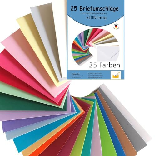 Paper24 25 Briefumschläge bunt Din lang in 25 Farben als Set, bunte Briefumschläge 110x220 mm, nassklebend, alsGeschenkidee Umschläge DIN lang bunt