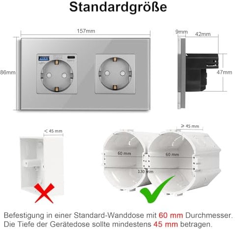 CNBINGO Glas Doppelsteckdose mit 2 USB Anschlüsse (1 USB-A und 1 Typ-C Port - unterstützung 20W Schnellladen) - Schutzkontakt Wandsteckdose Einfach mit Glasrahmen - Schuko Steckdose Unterputz in Grau