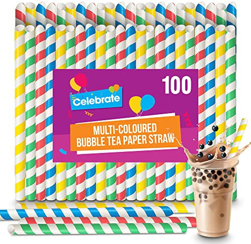 SOL 100pk Multi-Coloured Bubble Tea Paper Straws - Large Boba Straws for Milkshakes & Smoothies - Sturdy, Spiral Design in Yellow, Green, Red & Blue - Perfect for Home, Parties, or Commercial Use