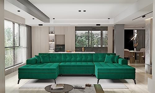 ALTDECOR Ecksofa in U-Form mit Schlaffunktion, Polstercouch Wohnlandschaft rückenecht gepolstert, ideal als Gästebett - VETORA 350x170x93 - Dunkelgrün