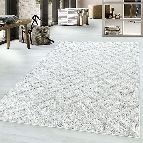 Taracarpet Kurzflor Teppich Skandi Boho für Wohnzimmer Designerteppich Tokio hoch-tief Struktur Knoten weiß 080x150 cm