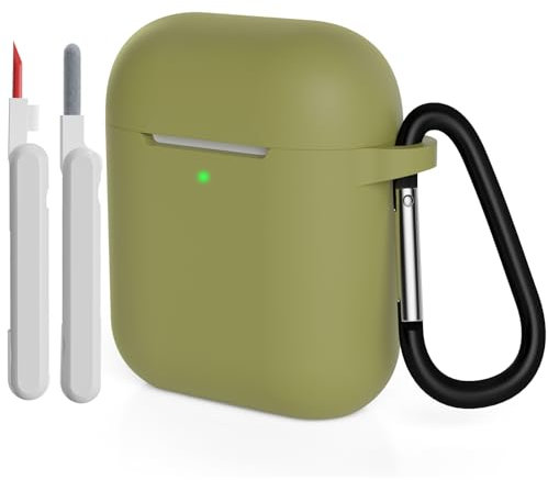 KOKOKA Silikonhülle Kompatibel mit AirPods 2 Hülle mit Reinigungsset und Schutzhülle für AirPods 2. Generation Case, Stoßfeste Weiche Dünne Case für Airpods 2 Mit Karabiner, Army Green