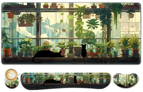 ToLuLu Extended Gaming Mouse Pad, Memory Foam Keyboard Mouse Wrist Rest Set | Large Desk Mat with Stitched Edges, Non-Slip Base Ergonomic Support Mousepad Home office, Cute Green Japanese Kawaii Cat
