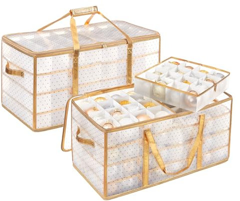 SONGMICS Set of 2 Christmas Ornament Storage Boxes, Storage Cube Bins for Christmas Decorations, 256 Box Places, Modular Dividers, 64.5 x 33.5 x 34 cm, Sandy Gold RFB029A07