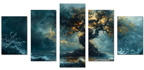 JOSUE Set 5 Quadro Albero Della Vita Albero Della Vita Mare Quadri Su Tela,Grigio Quadri Decorazioni Soggiorno Bagno Cucina Ufficio-80x150cm Non incorniciato