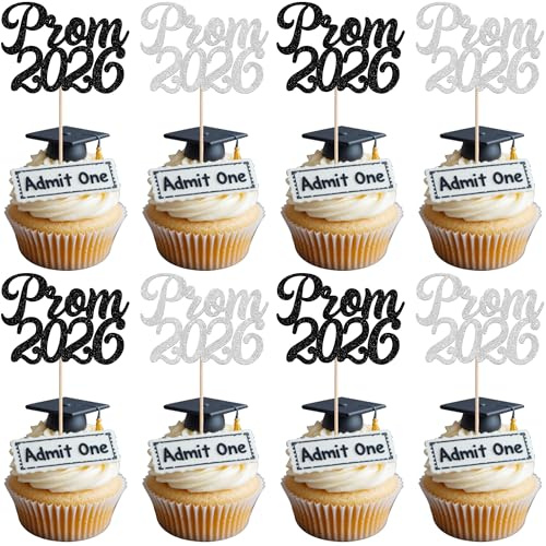 Xsstarmi 24 Stück Abschlussball 2024 Cupcake Toppers Glitzer 2024 College Graduation Prom Cupcake Picks Dekoration für Klasse 2024 Abschlussball Party Kuchen Dekorationen Schwarz Silber