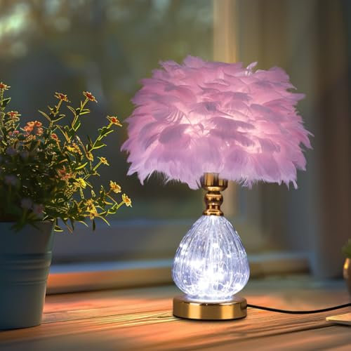 Federlampe- Led Tischlampe Nachttischlampen mit 3 Farben Dimmbare Beleuchtung Elegante Tischlampe Geeignet für Mädchen Schlafzimmer, Wohnzimmer,Rosa