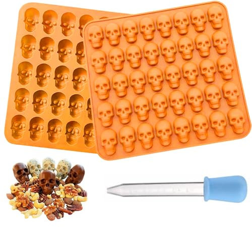 Totenkopf Silikonform, 2 Stück Halloween Silikonform, Schädel Silikonform mit 1 Dropper, Pralinen Totenkopf-Silikon für Schokolade Candy Gelee Pralinen Eiswürfel Seifen (Orange 40 Vertiefungen)