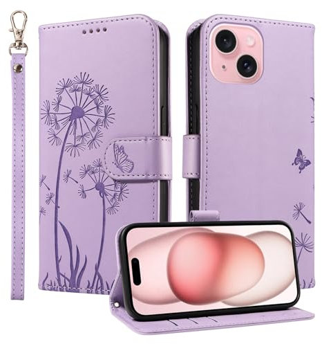 Trugox Wallet Case for Apple iPhone 15 Phone Case Leather Dandelion with Credit Card Holder Purse Kickstand Folio Book Folding Flip Case Cover Women Shockproof - Lilac