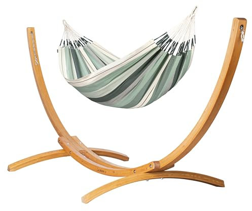 LA SIESTA® Modesta Bio-Baumwoll Hängematte & Holzgestell, Outdoor Indoor Hängematte mit Gestell aus Holz, Hängemattengestell für Balkon Garten - Doppel Hängematte mit Gestell für 2 Personen - Olive