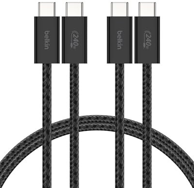 Belkin Paquete de 2 Cables Trenzados USB-C a USB-C de 1,5 m (240 W), carga rápida, cables de alimentación flexibles USB tipo C para iPhone 16 y 15, Galaxy S25, Pixel 9, iPad Pro y otros, Negro