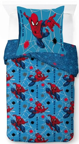 Jay Franco Marvel Spiderman Ensemble Housse de Couette – Linge de Lit Ultra Doux pour Enfants avec Taie d’Oreiller, Housse Seulement (Garnissage Non Inclus), Bleu, 2 Pièces Simple