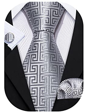 Barry.Wang Men Ties Silk Necktie Set Formal Solid Handkerchief Cufflinks Woven Wedding Business