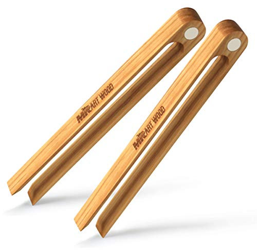 Mr.ArtWood Magnetic Wooden Toaster Kitchen Tongs (Set of 2), 8,7 Generous Length, 100% Natural One-Piece Ash Wood