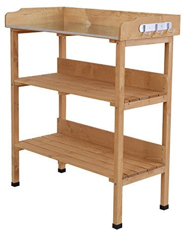 Outsunny Pflanztisch Gärtnertisch Blumentisch mit Metall Arbeitsfläche Garten Holz Natur 76 x 37 x 89 cm