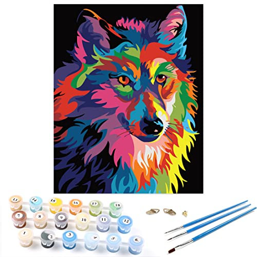 RIHE Malen nach Zahlen DIY Ölgemälde Bunte Wolf Leinwanddruck Wandkunst Dekoration(Ohne Rahmen)