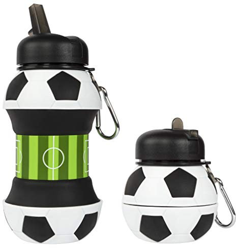 Fringoo Faltbare Silikon-Trinkflasche für Kinder 500 ml mit Karabinerhaken, auslaufsicher, BPA-frei, Reise-, Sport-Trinkflasche, Kinder, fußball, 550 ml - 19 oz