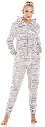 Camille Super Soft Zip-Up Hooded Women's Onesie - Speckled | Thick Luxury Fleece Full-Length Women's All In One Lounge Suit | Long Sleeves, Cosy Hood, Pockets | Warm & Comfy | Grey