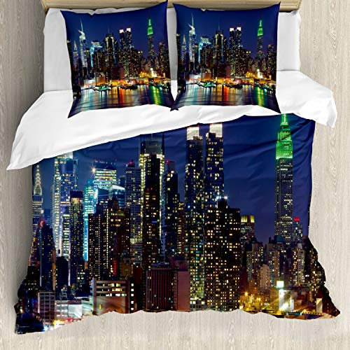 ABAKUHAUS New York Bettwäsche Set für Doppelbetten, NYC Midtown Skyline, Weicher Microfaserstoff Allegigeignet kein Verblassen, Königsblau