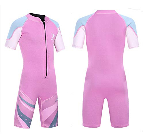 ZCCO Kids Shorty Wetsuit 2.5mm Neoprene Suit, Short Sleeve One Piece Youth Boy/Girl Suit for Swimming, Surfing, Diving Water Sports(DK-PK-S)