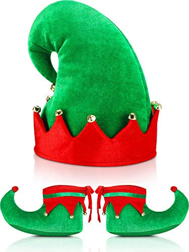SATINIOR Weihnachten Santa Elf Schuhe und Hut Weihnachten Rot Grün Kostüm Zubehör-Set (28 cm/ 11 Zoll)
