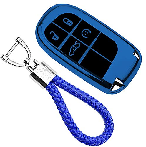 KASER Autoschlüssel Hülle kompatibel für Jeep Cover TPU Silikon Hochglanz Schutzhülle Schlüsselhülle Fernbedienung Keyless Cherokee Renegade FIAT 500X Schlüsselbund ( Blau)