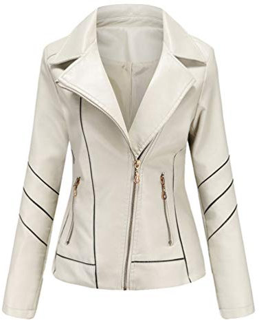 Kaiyei Femme Blouson Faux Cuir PU Slim Fit Fine Col À Revers Printemps Automne Manche Longue Élégant Veste Courte Blouson Biker à Fermeture Beige M