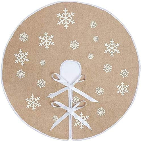 N&T NIETING Weihnachtsbaum Decke, 90cm Jute Weihnachtsbaum Rock, Khaki | Weihnachtsbaumdecke Rund, Weiße Schneeflocke Gedruckt Leinen Tannenbaum Decke für Weihnachtsbaum Deko