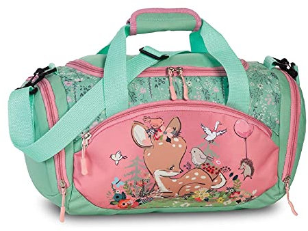 Sporttasche Kinder Reisetasche Umhängetasche mit süßem REH Rehkitz Blumen Vogel Igel für Mädchen & Jungen - 14,2 Liter - 35 x 22 x 18,5 cm, pastellgrün/rosa