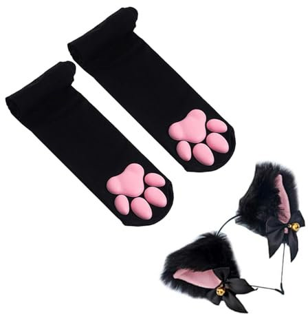 ztowoto Thigh High Socks, Pink 3D Kitten Claw Stockings Cute Cat Paw Pad Socks for Girls Women Cat Cosplay (Black)