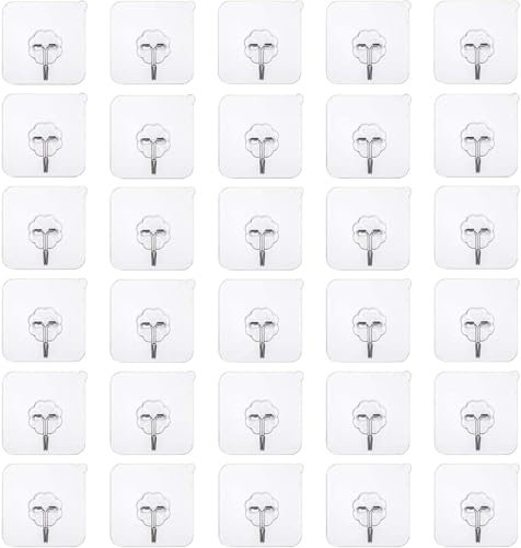 Self Adhesive Hooks Stick, 30PCS Anti-Skid Traceless Sticky Hook Heavy Duty Wall Hooks 10kg (Max) for Door Kitchen Bathroom Office Closet, Seamless Hooks Transparent Waterproof and Oilproof